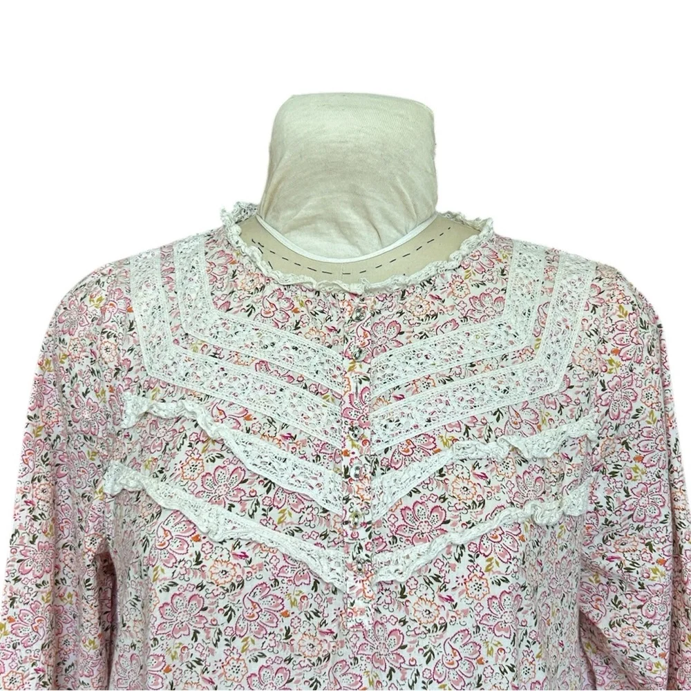 Sundance Pink Floral Nightgown Sleep Dress‎ Tiered Lace Trim Ruffle Cotton M
